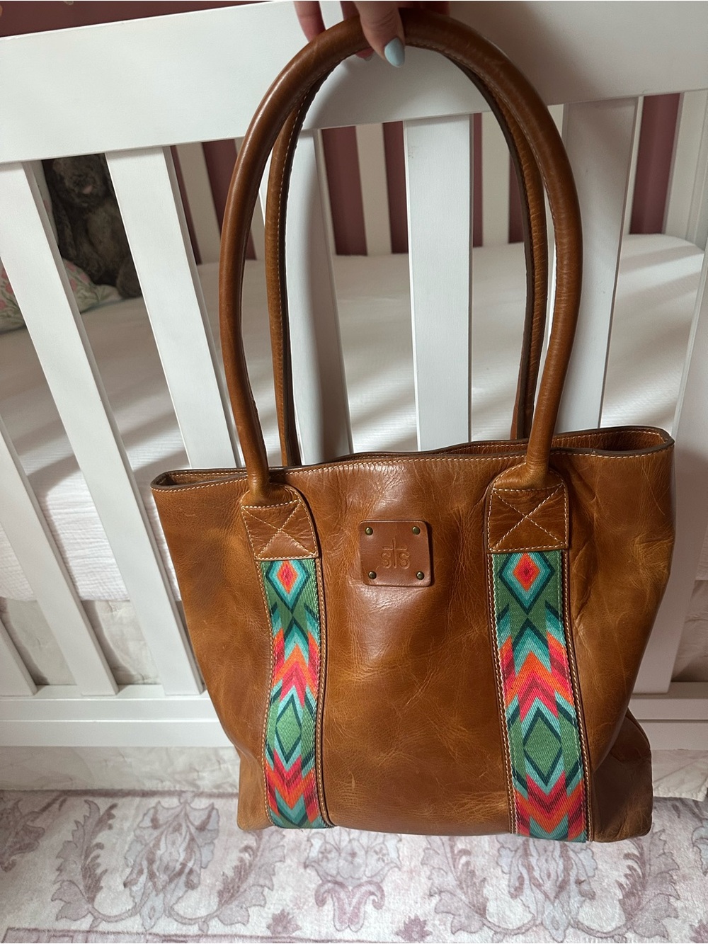 STS Ranchwear Brown Leather Tote with Multicolor Chevron Straps